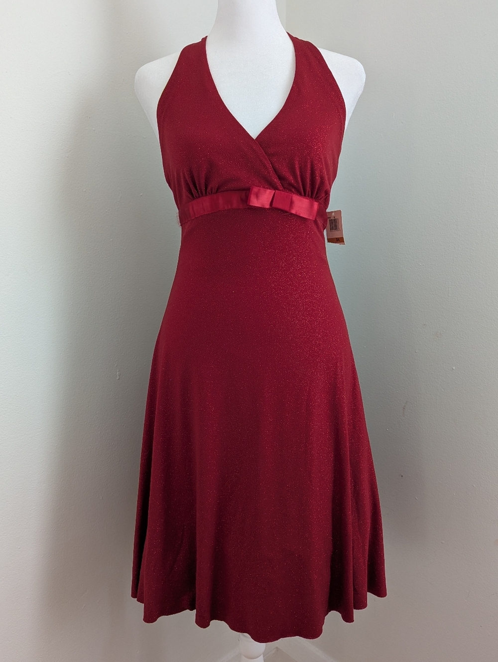 NWT Y2K Vintage Babydoll Glittery Red Halter Dress With Satin Bow Detail S